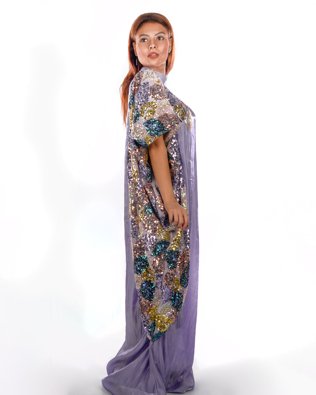 Lavender silk organza kaftan with colorful sequins