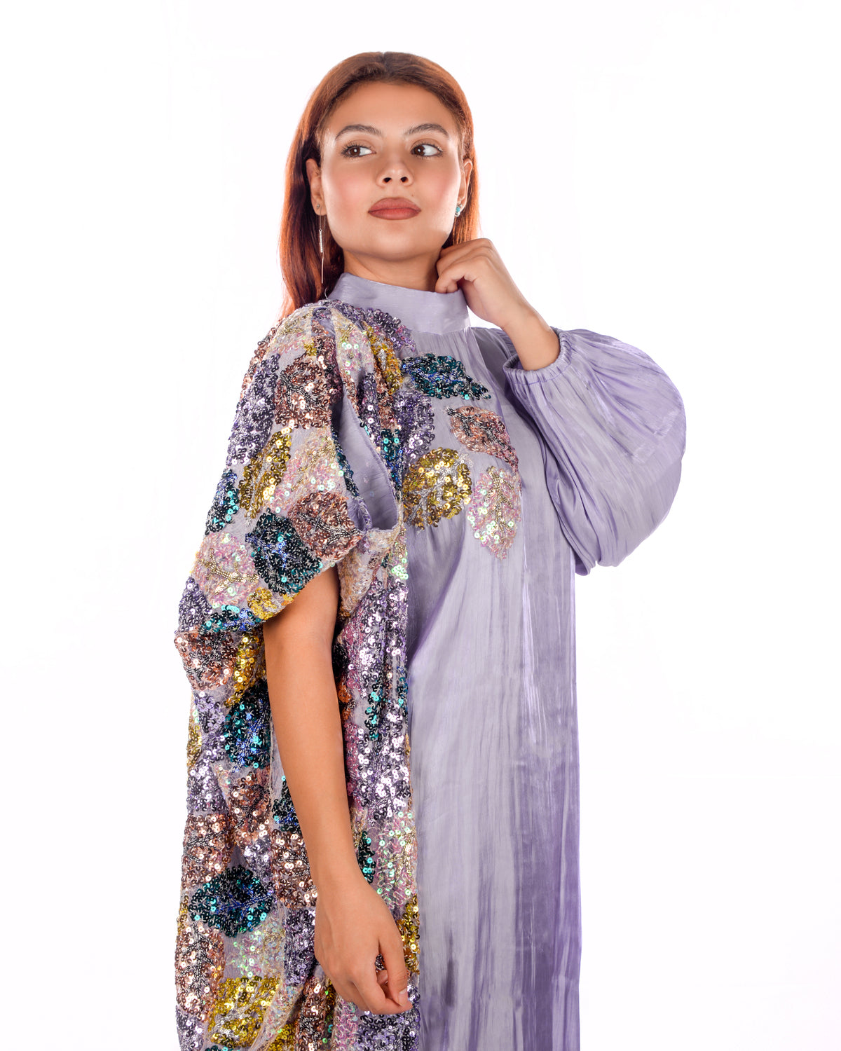 Lavender silk organza kaftan with colorful sequins
