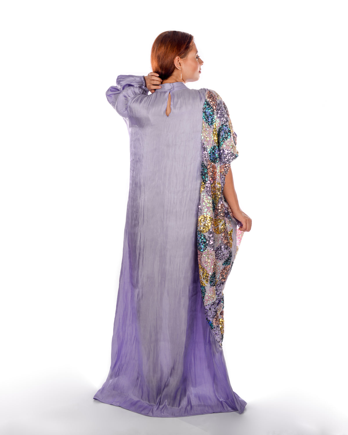 Lavender silk organza kaftan with colorful sequins