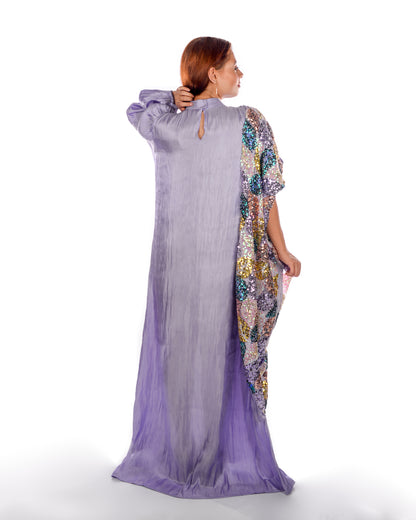 Lavender silk organza kaftan with colorful sequins