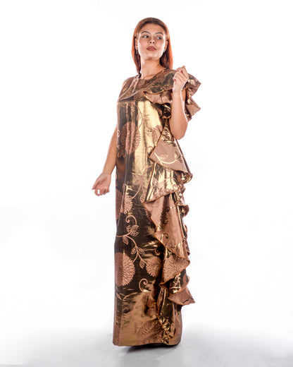 Metalic bronze kaftan dress with ruffles