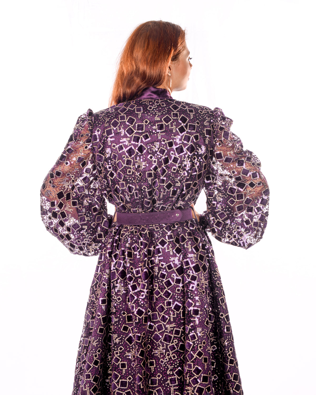 Dark purple kaftan with velvet square sequence embroidery
