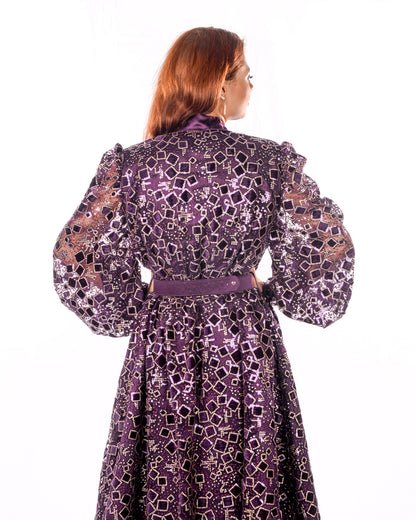 Dark purple kaftan with velvet square sequence embroidery