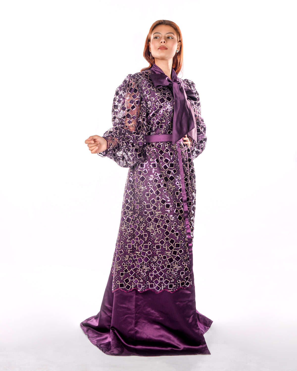 Dark purple kaftan with velvet square sequence embroidery