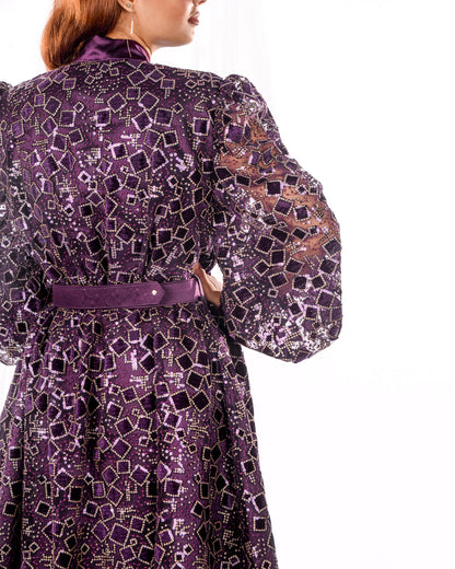 Dark purple kaftan with velvet square sequence embroidery