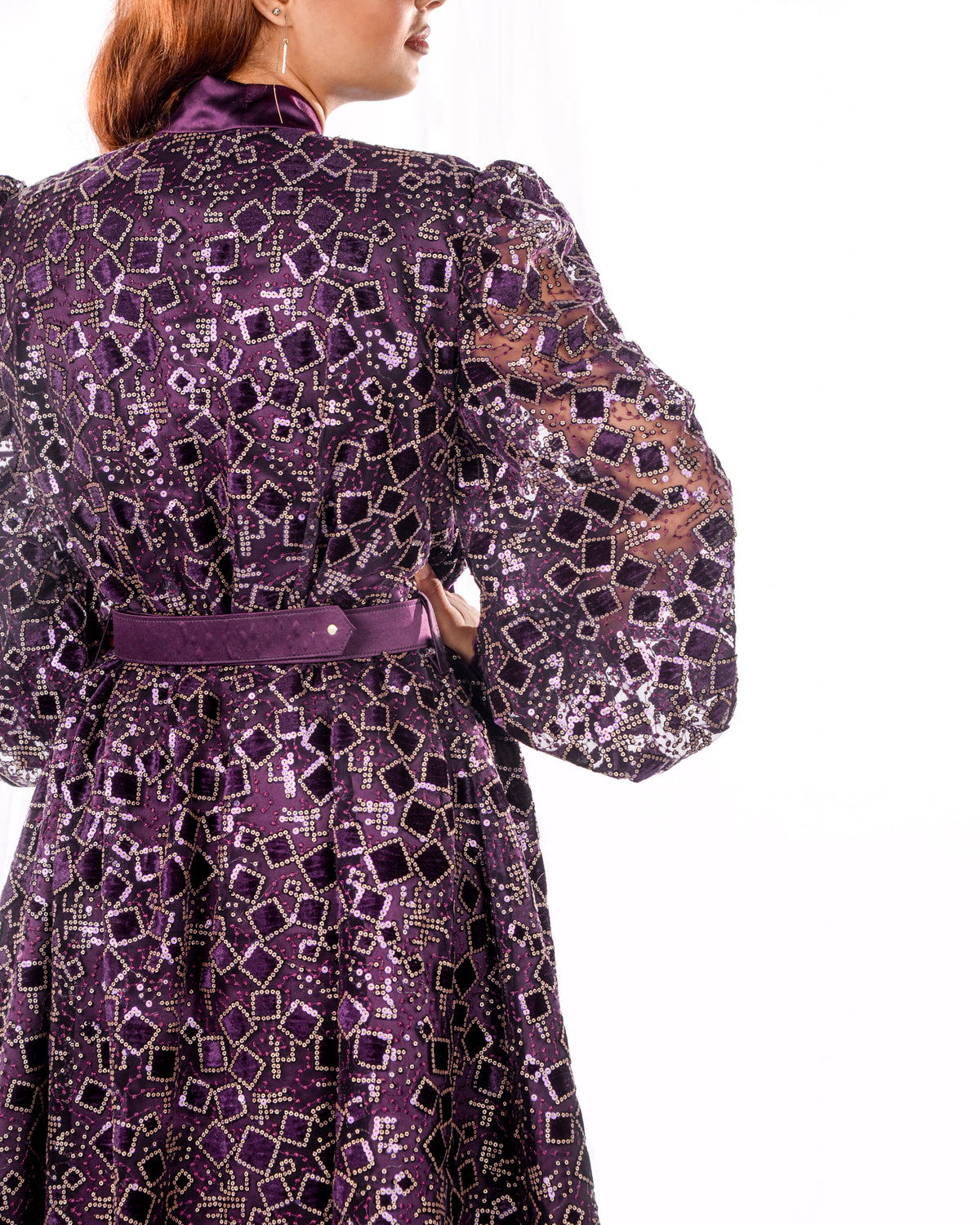 Dark Purple Kaftan With Velvet Square Sequence Embroidery
