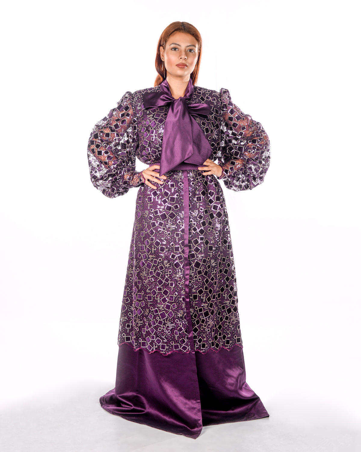 Dark purple kaftan with velvet square sequence embroidery