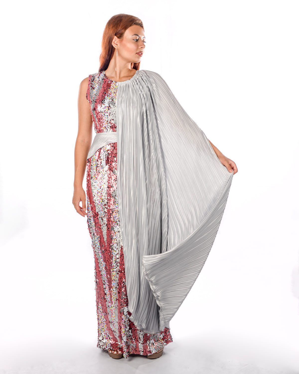 Sequence Pink Silver Kaftan Dress With One Side Cape