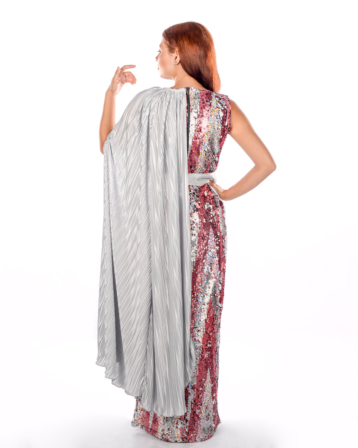 Sequence Pink Silver Kaftan Dress With One Side Cape