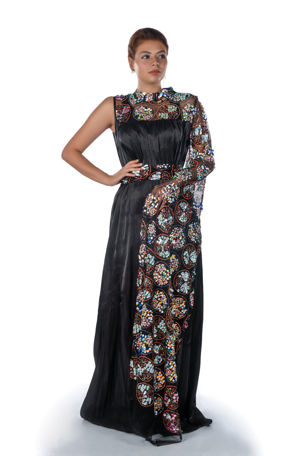 Black Kaftan Dress With One Sequence Embroidered Long Sleeve