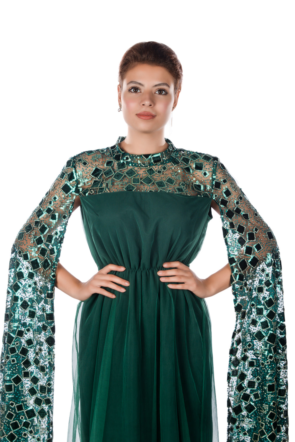 Dark green kaftan dress with sequence embroidered long sleeves