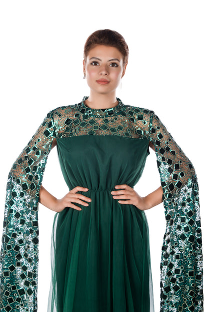 Dark green kaftan dress with sequence embroidered long sleeves