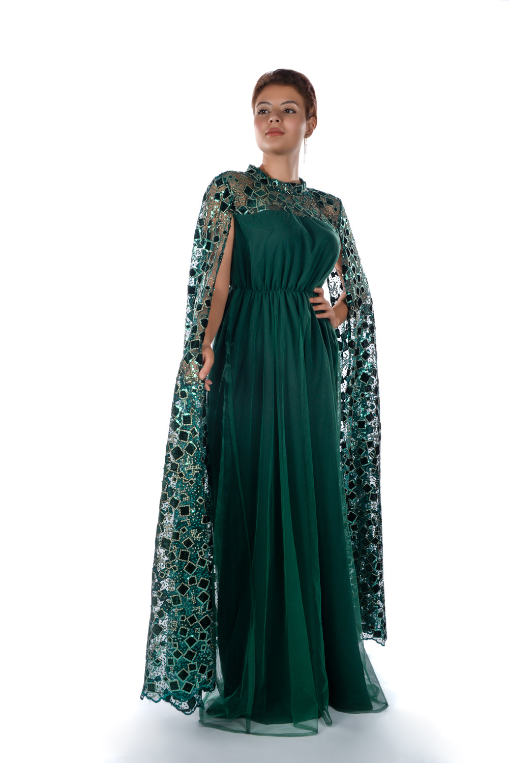Dark green kaftan dress with sequence embroidered long sleeves