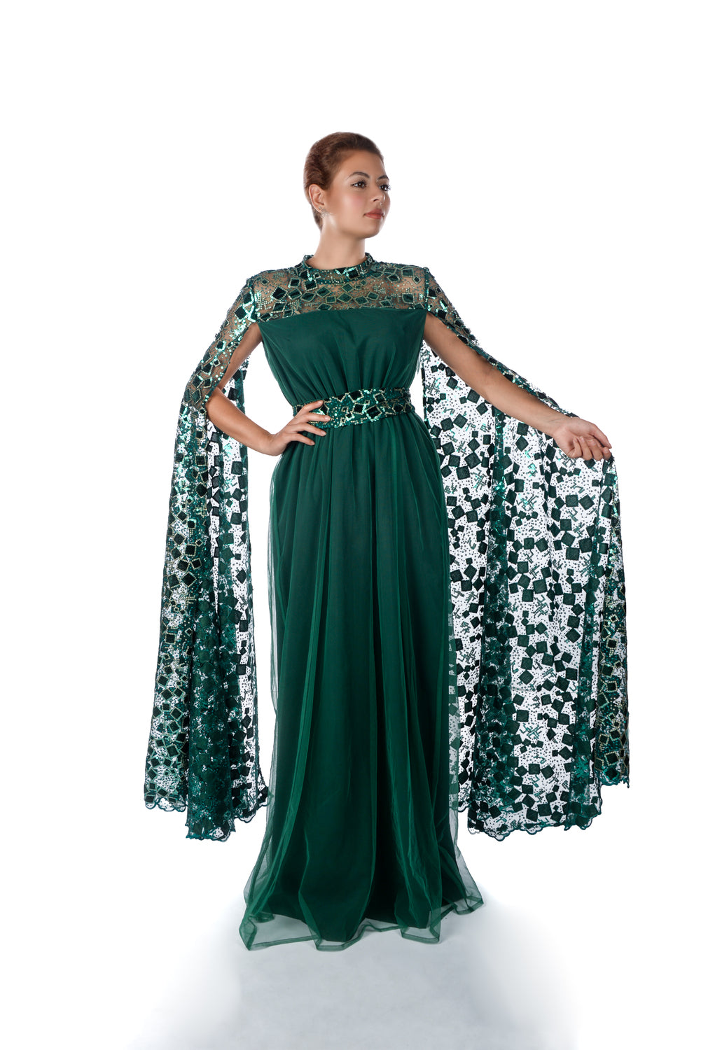 Dark green kaftan dress with sequence embroidered long sleeves