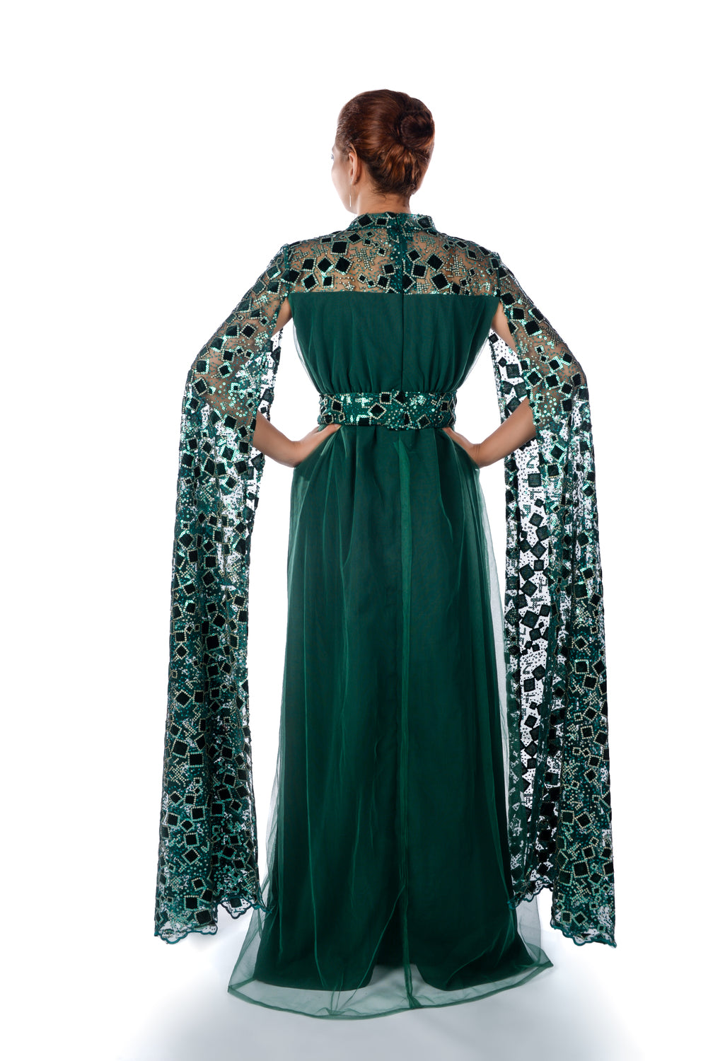 Dark green kaftan dress with sequence embroidered long sleeves