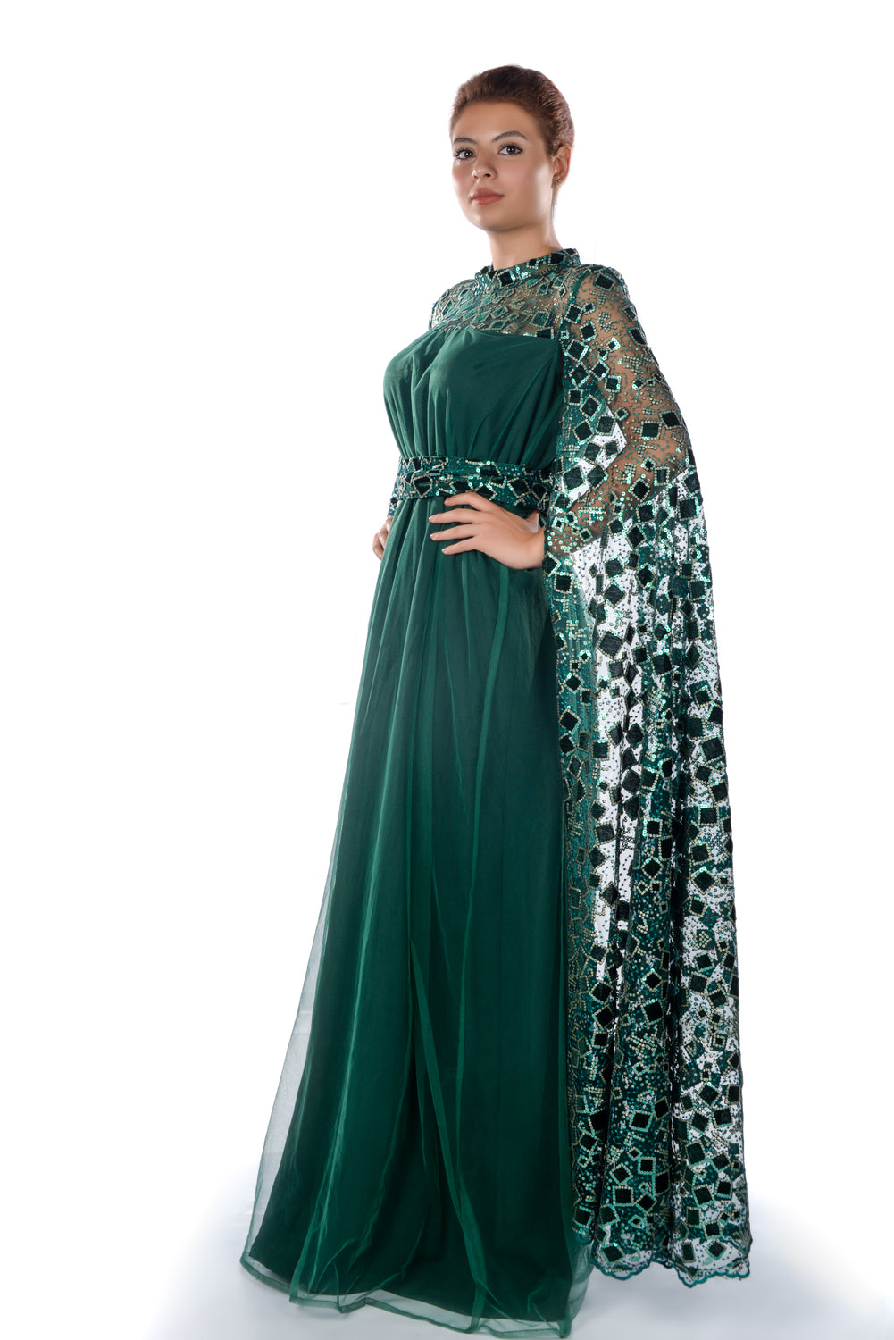 Dark green kaftan dress with sequence embroidered long sleeves