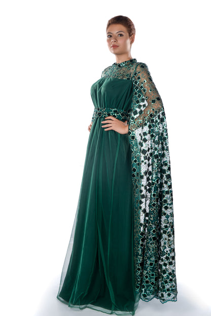 Dark green kaftan dress with sequence embroidered long sleeves