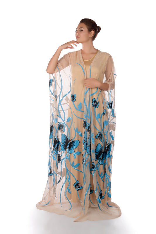 Tulle bisht with sequence butterflies embroidery