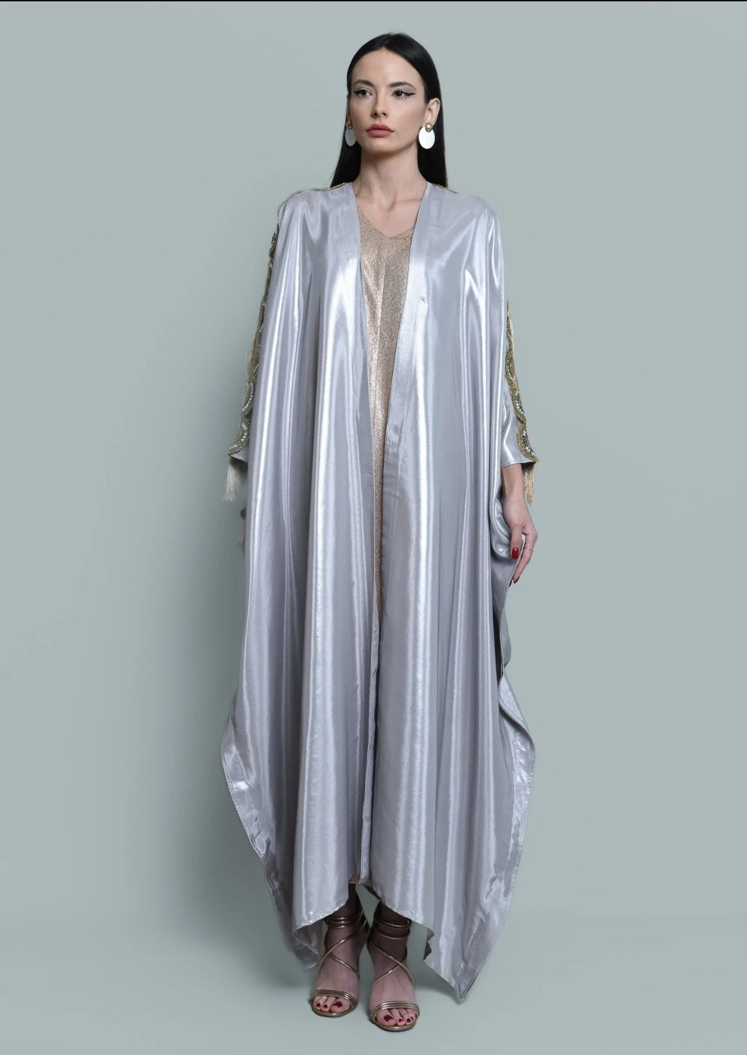 Silver Satin Abaya With Golden Dress
