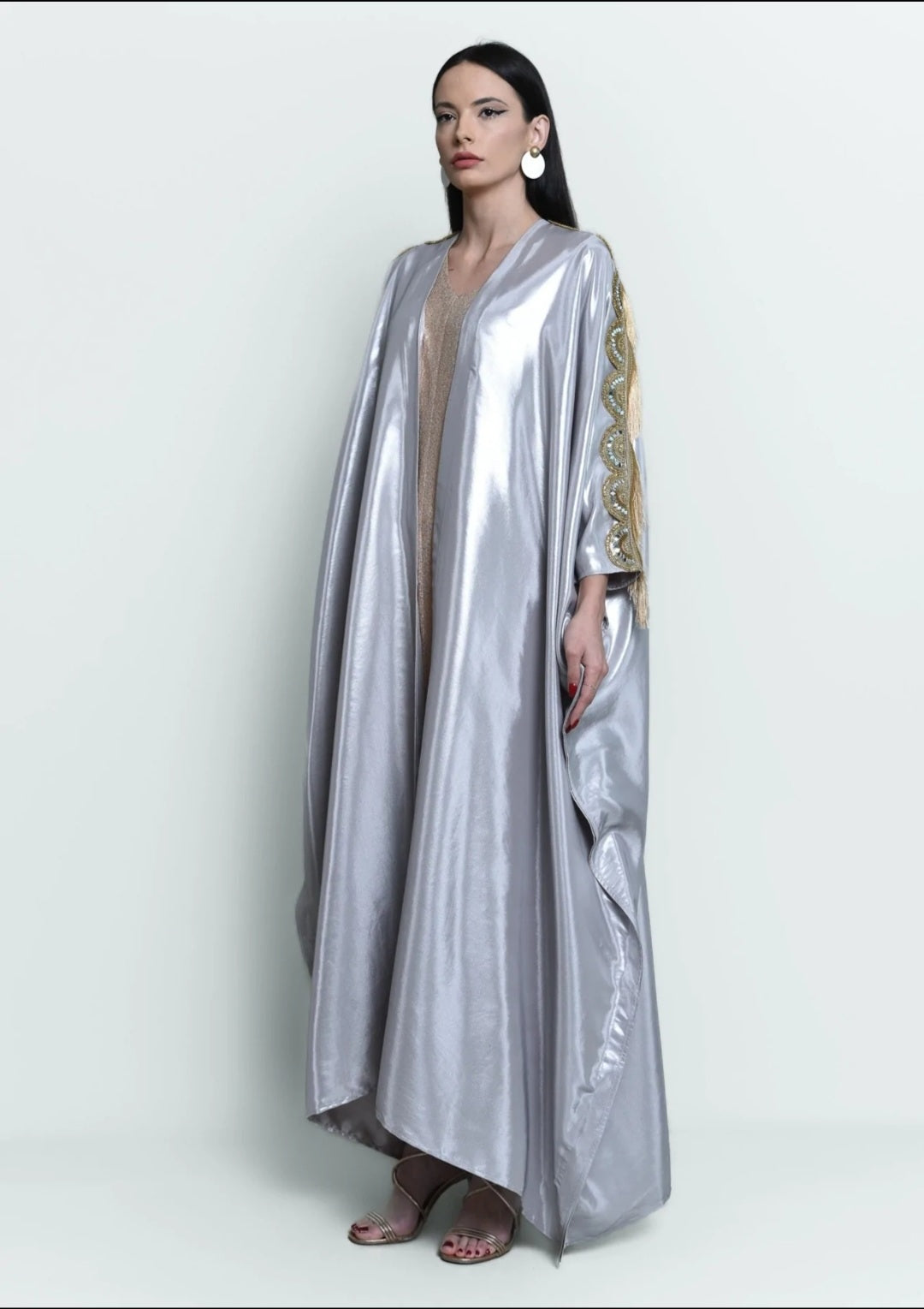 Silver Satin Abaya With Golden Dress