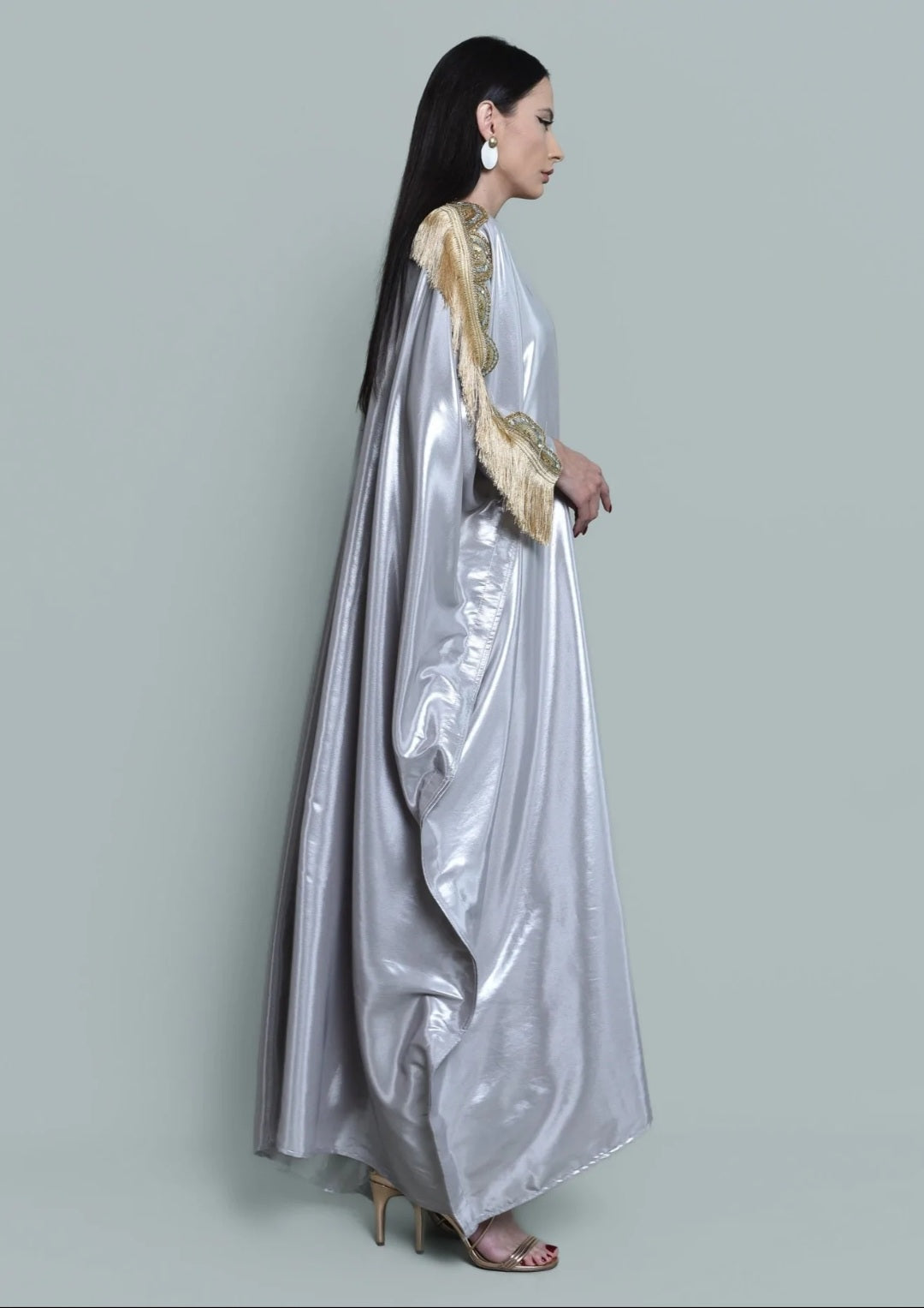 Silver Satin Abaya With Golden Dress