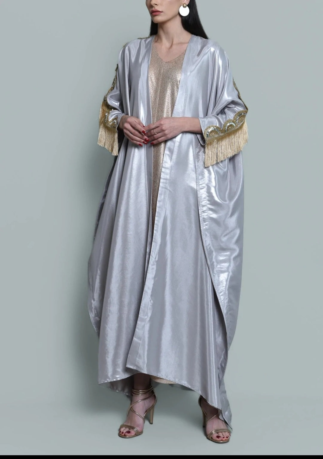 Silver Satin Abaya With Golden Dress