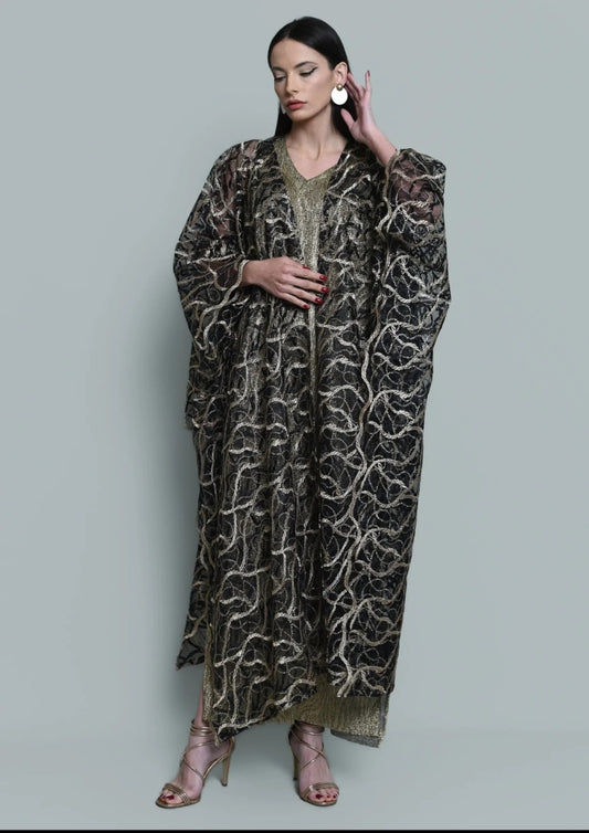 Tulle gold embroidered bisht abaya