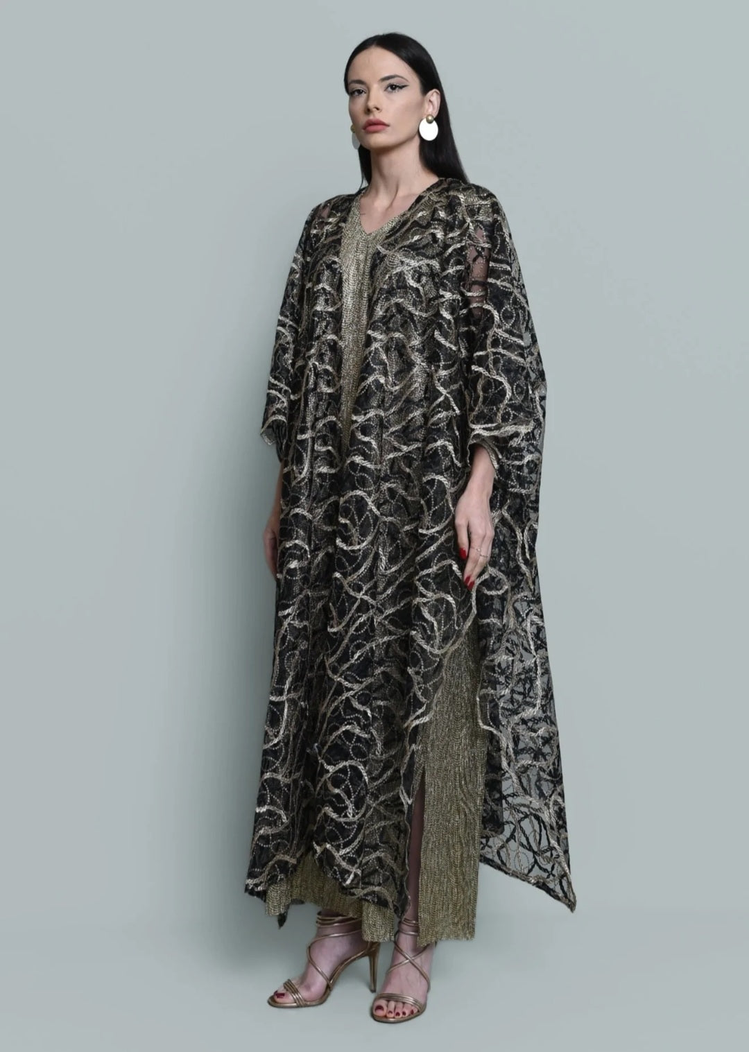 Tulle gold embroidered bisht abaya