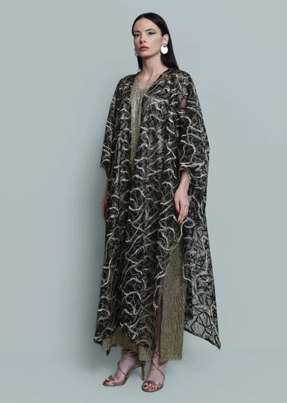 Tulle gold embroidered bisht abaya