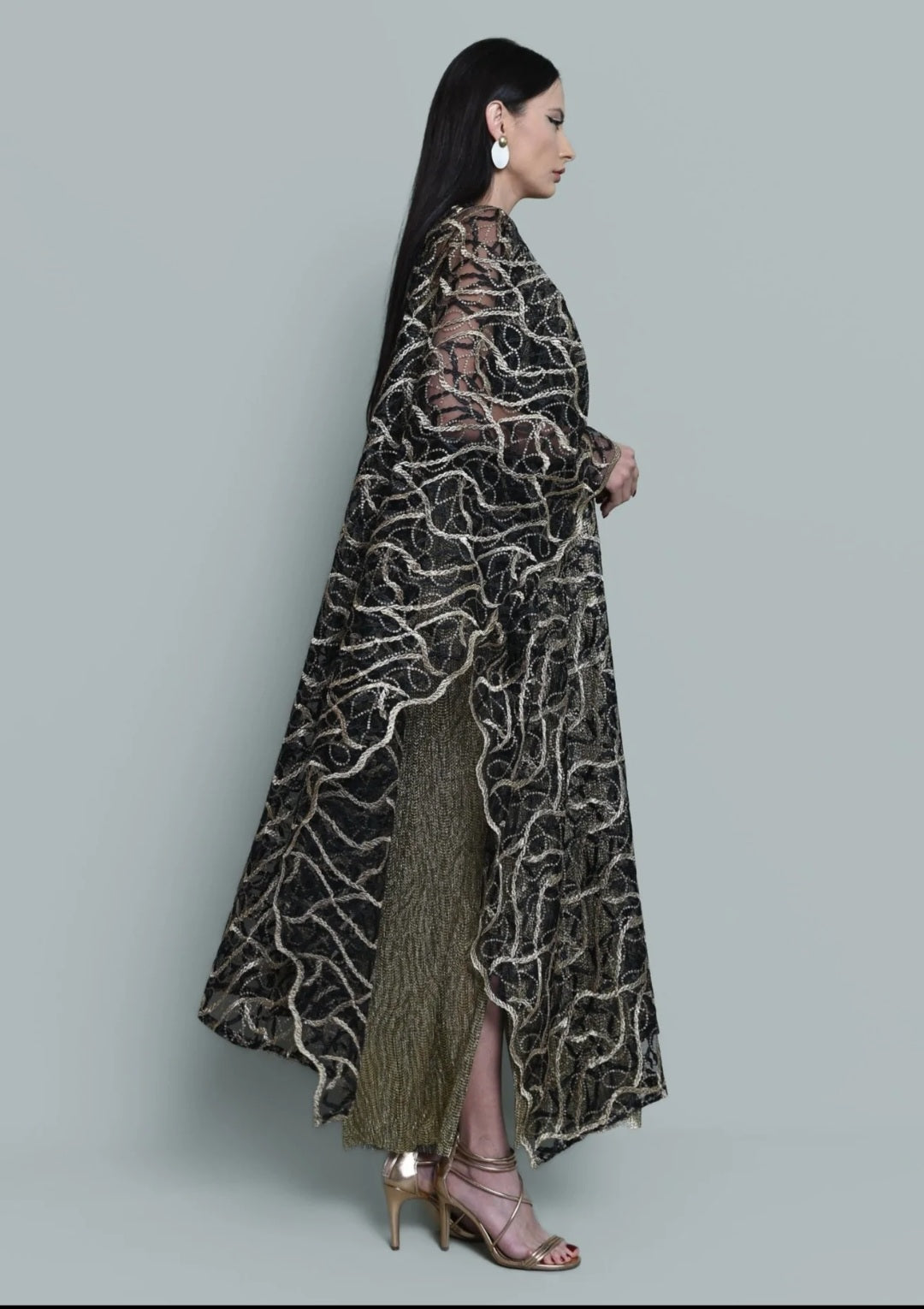 Tulle Gold Embroidered Bisht Abaya