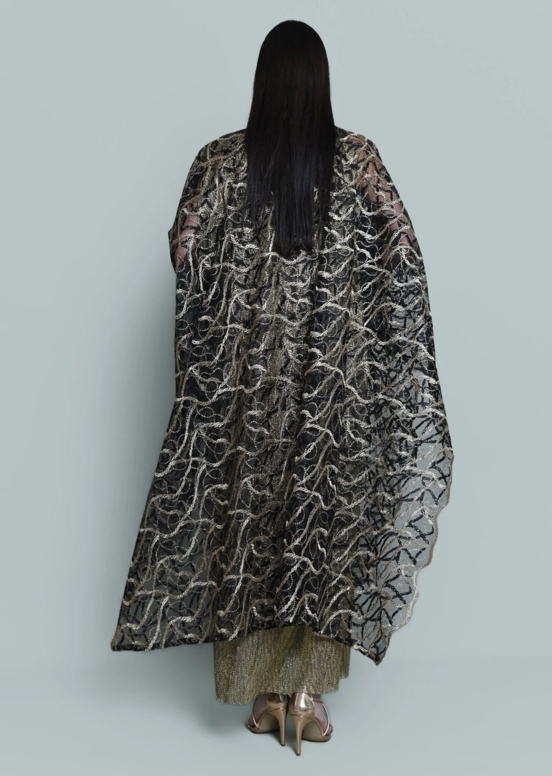 Tulle gold embroidered bisht abaya