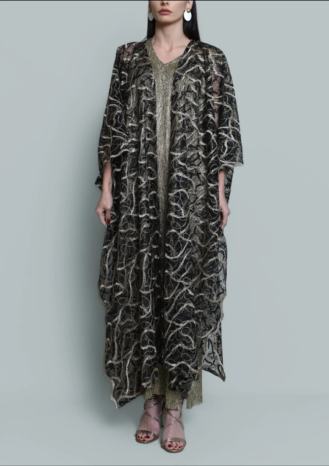 Tulle gold embroidered bisht abaya