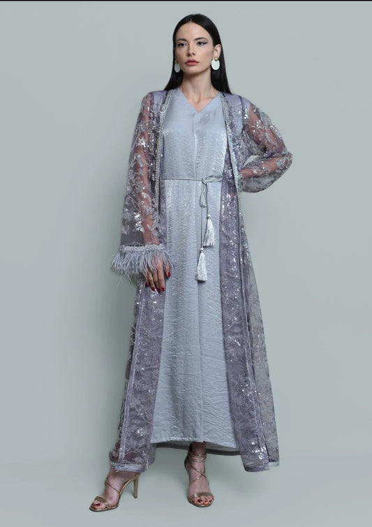 Tulle beads sequence embroidered kaftan
