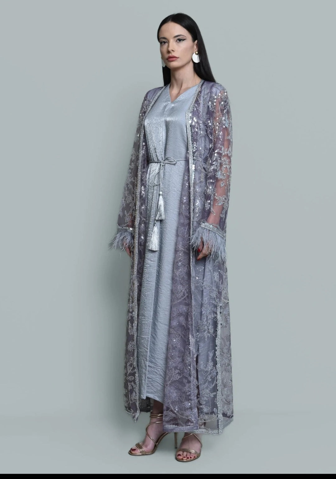 Tulle beads sequence embroidered kaftan