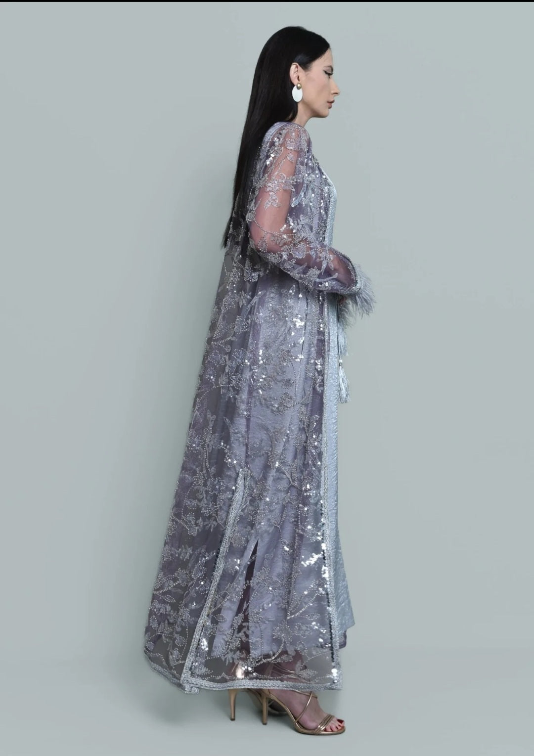 Tulle beads sequence embroidered kaftan