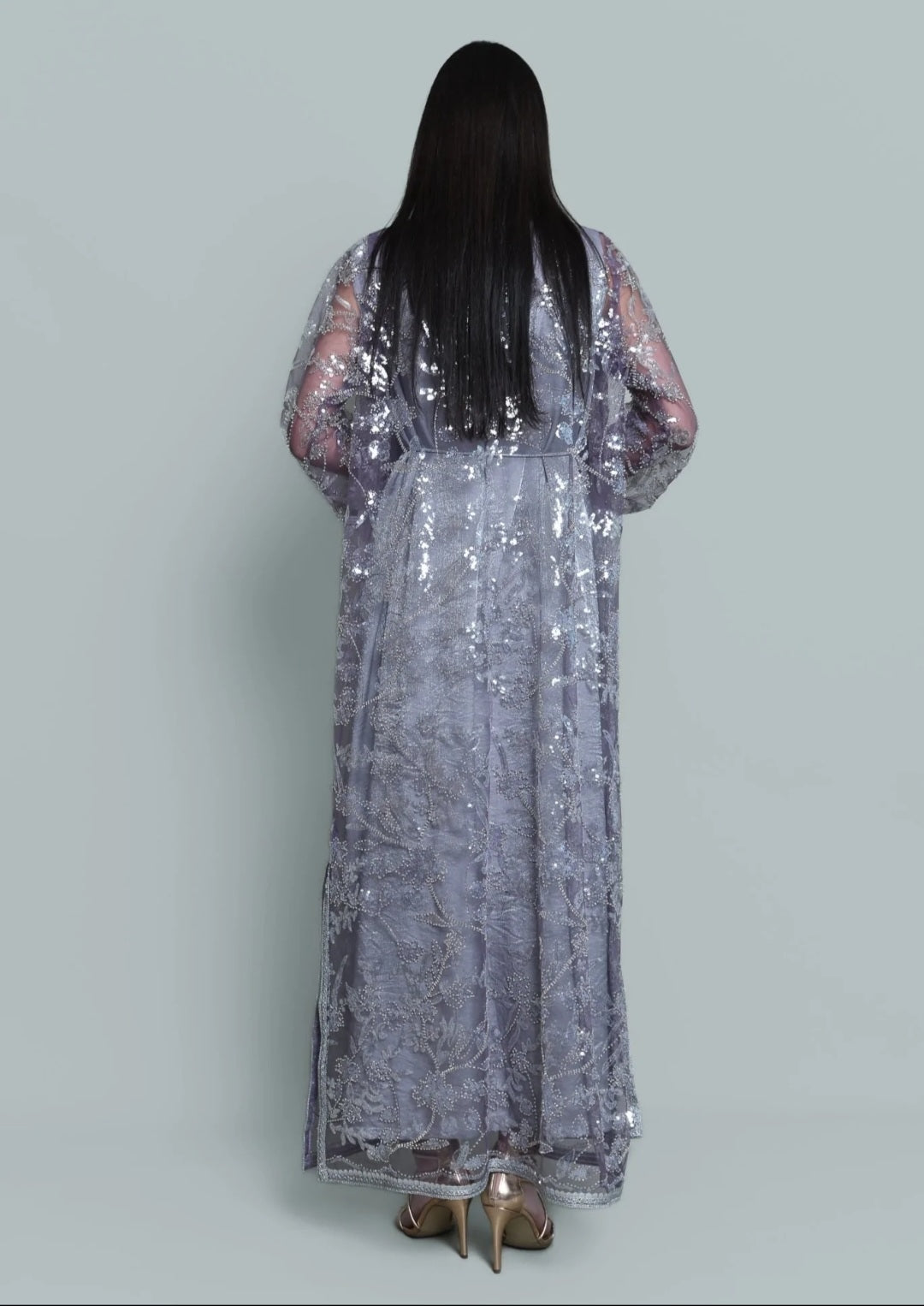 Tulle beads sequence embroidered kaftan