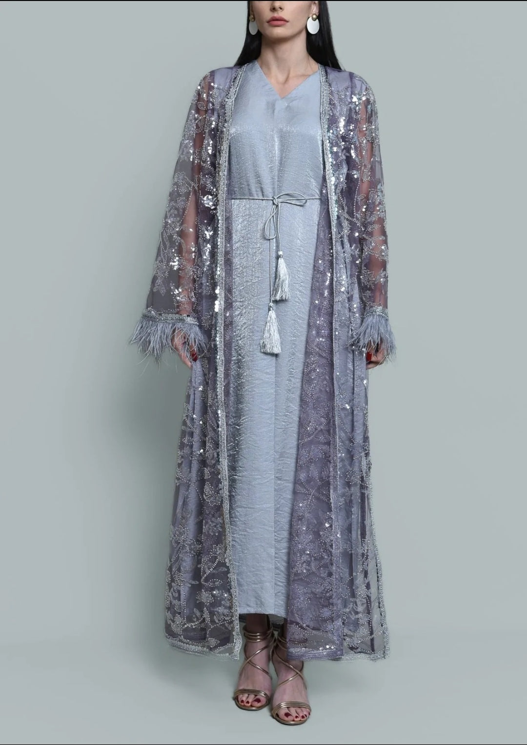 Tulle beads sequence embroidered kaftan
