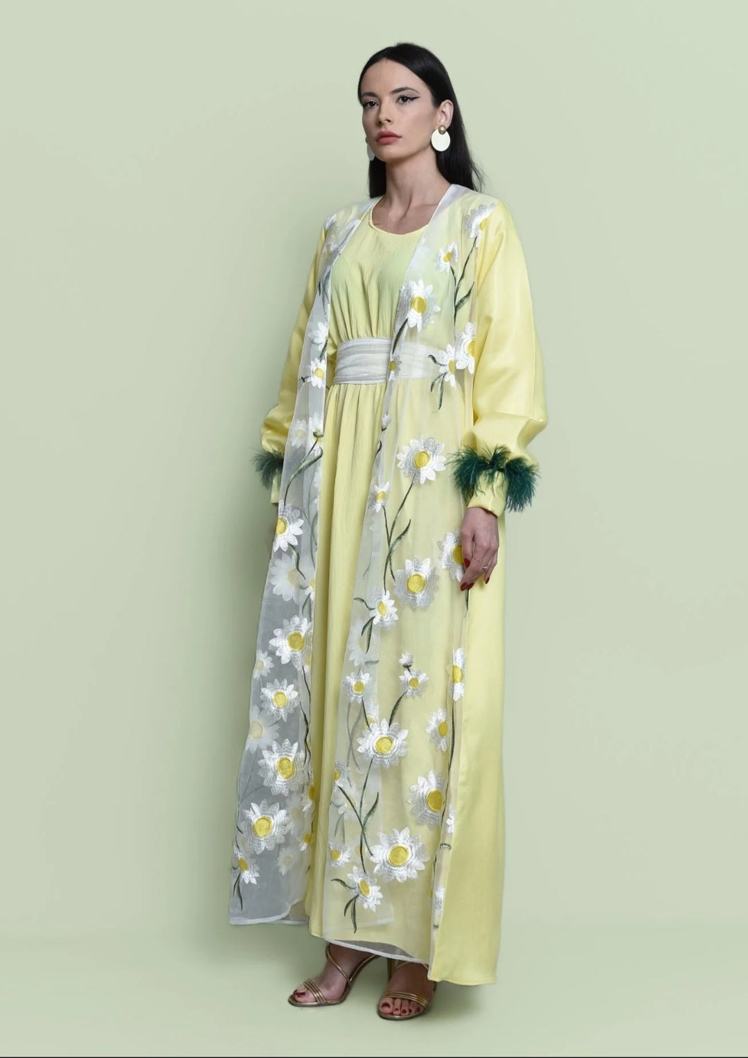 Yellow Organza Embroidered Kaftan
