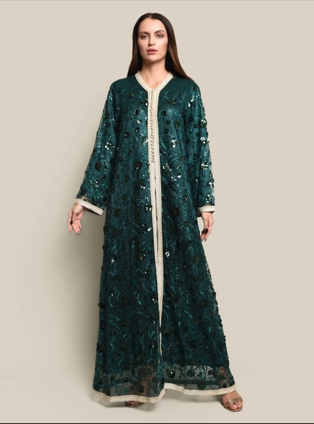 Green Tulle Sequence Embroidered Kaftan