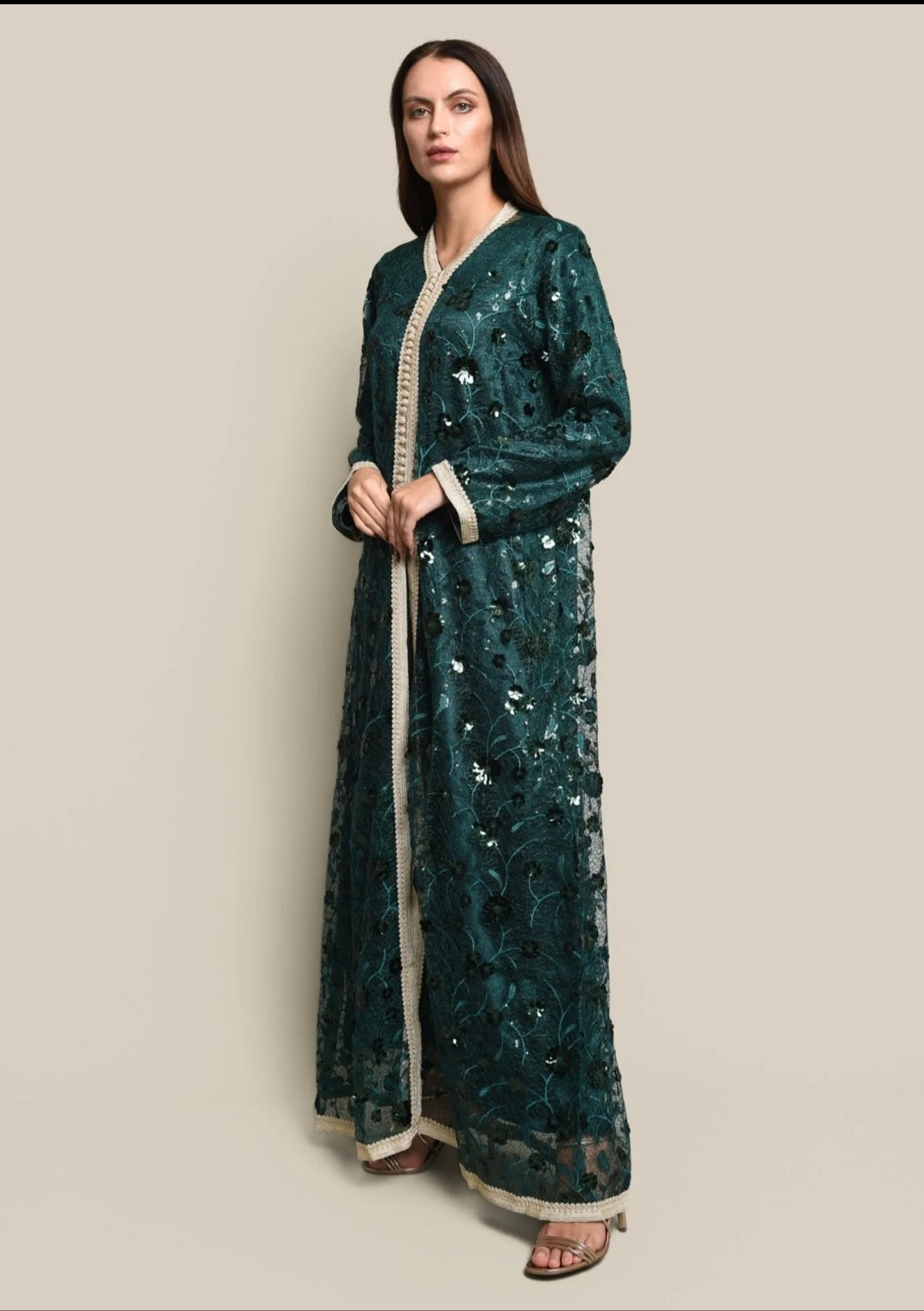 Green Tulle Sequence Embroidered Kaftan
