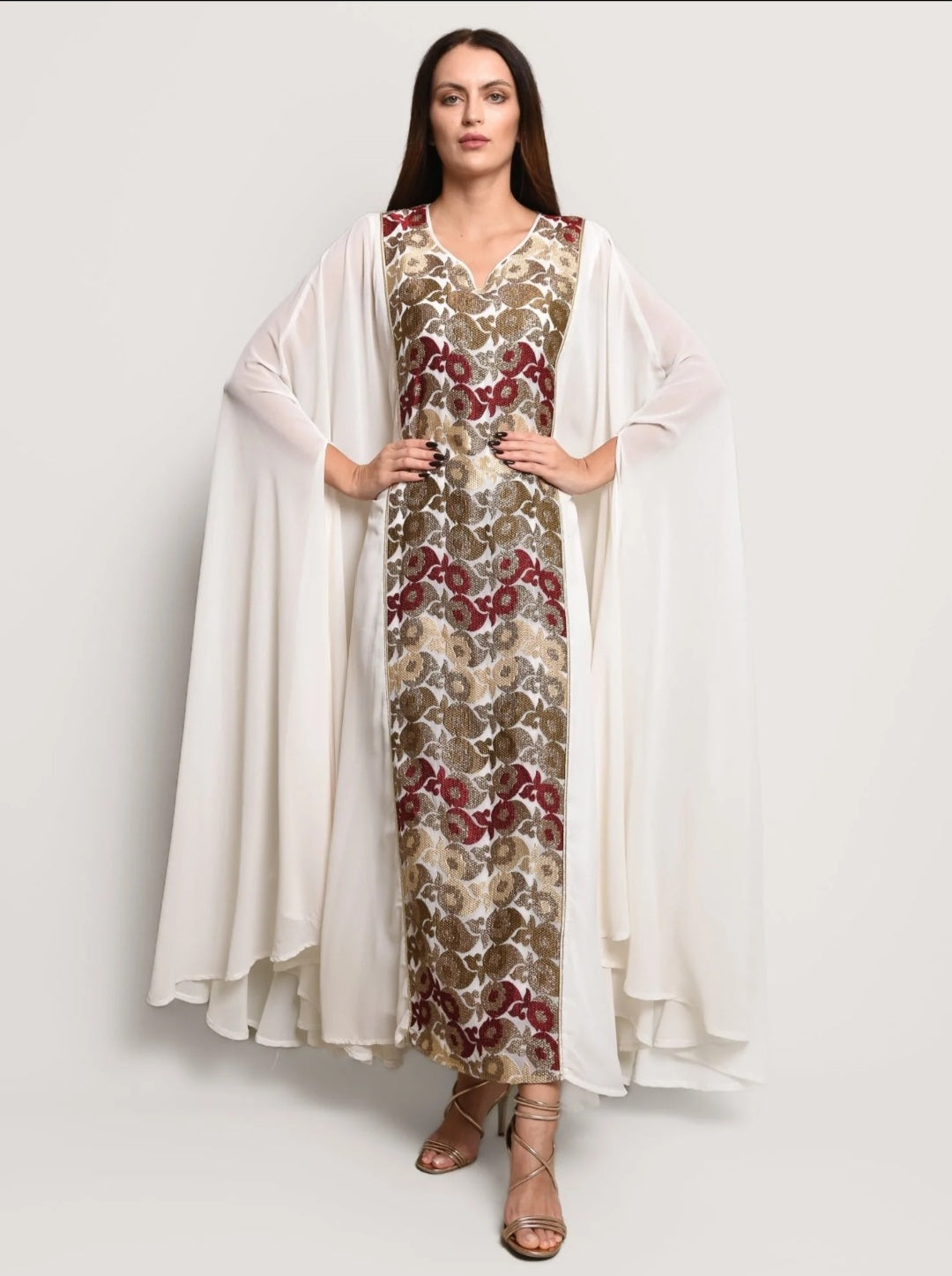Off White Chiffon Embroidered Kaftan Dress