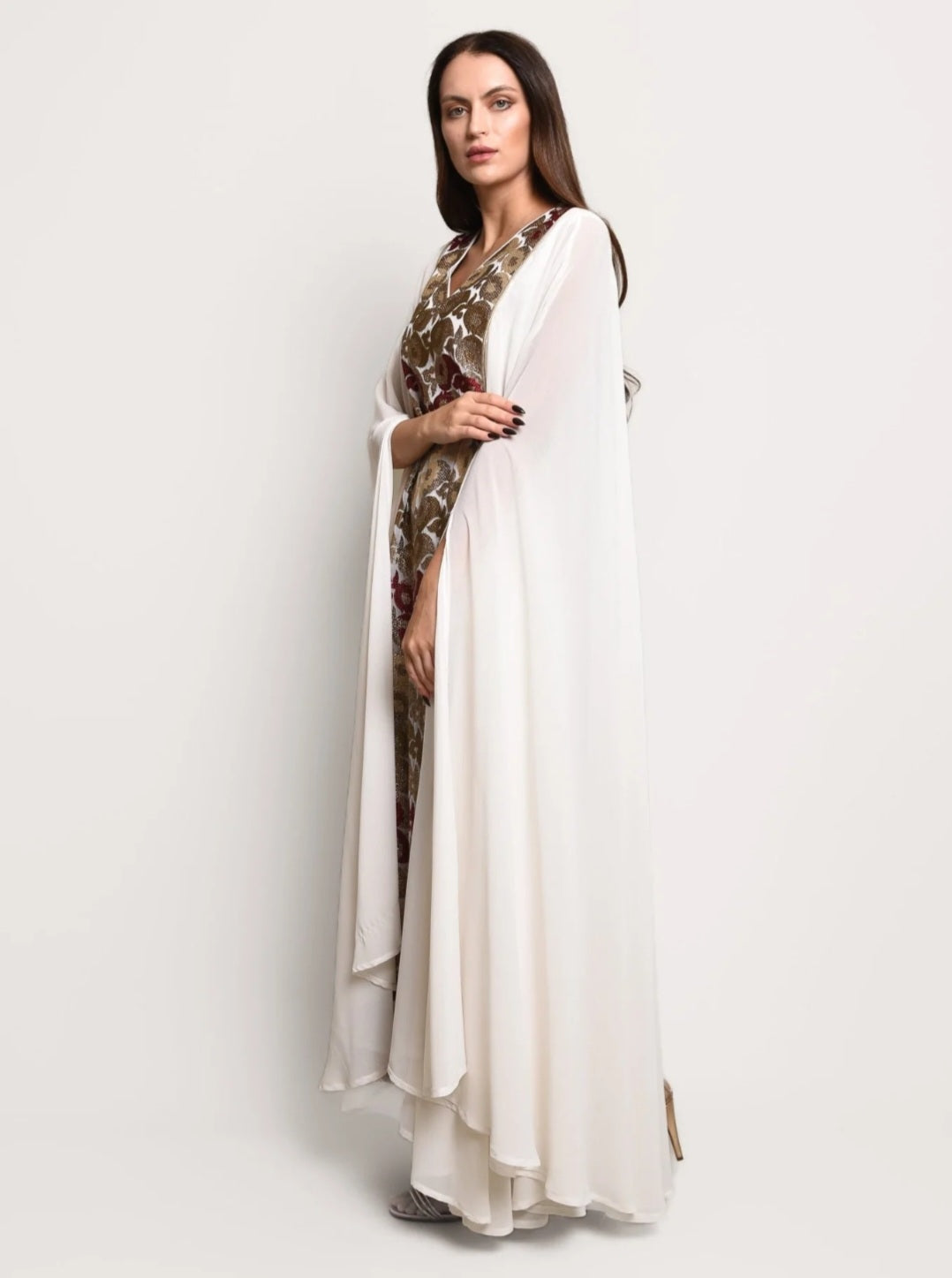 Off White Chiffon Embroidered Kaftan Dress