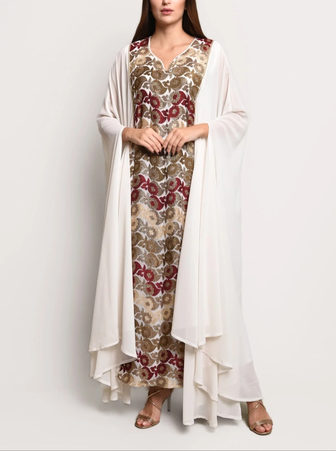 Off White Chiffon Embroidered Kaftan Dress