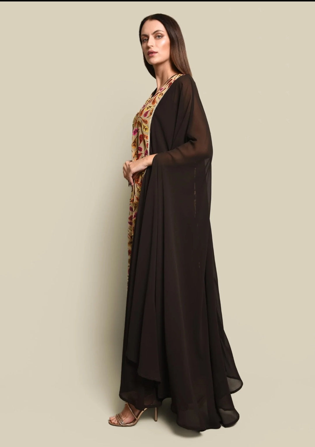 Brown Chiffon Embroidered Kaftan Dress