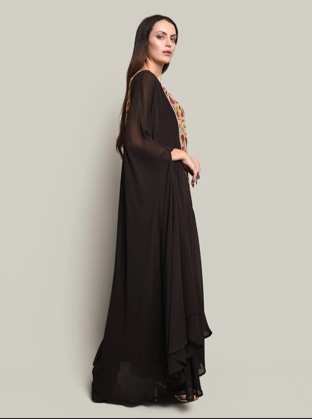 Brown Chiffon Embroidered Kaftan Dress