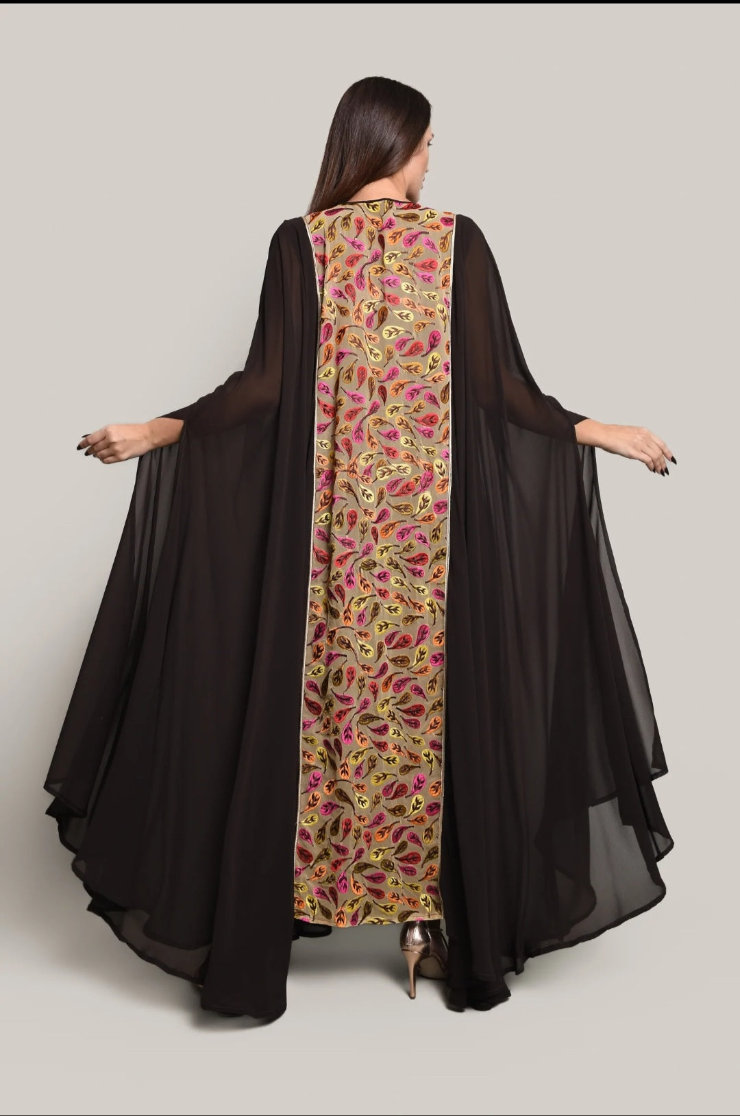 Brown Chiffon Embroidered Kaftan Dress