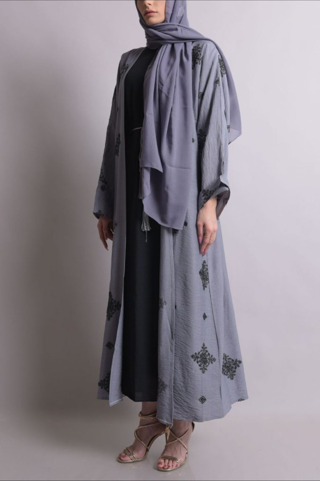 Gray Crepe Cotton Abaya Set