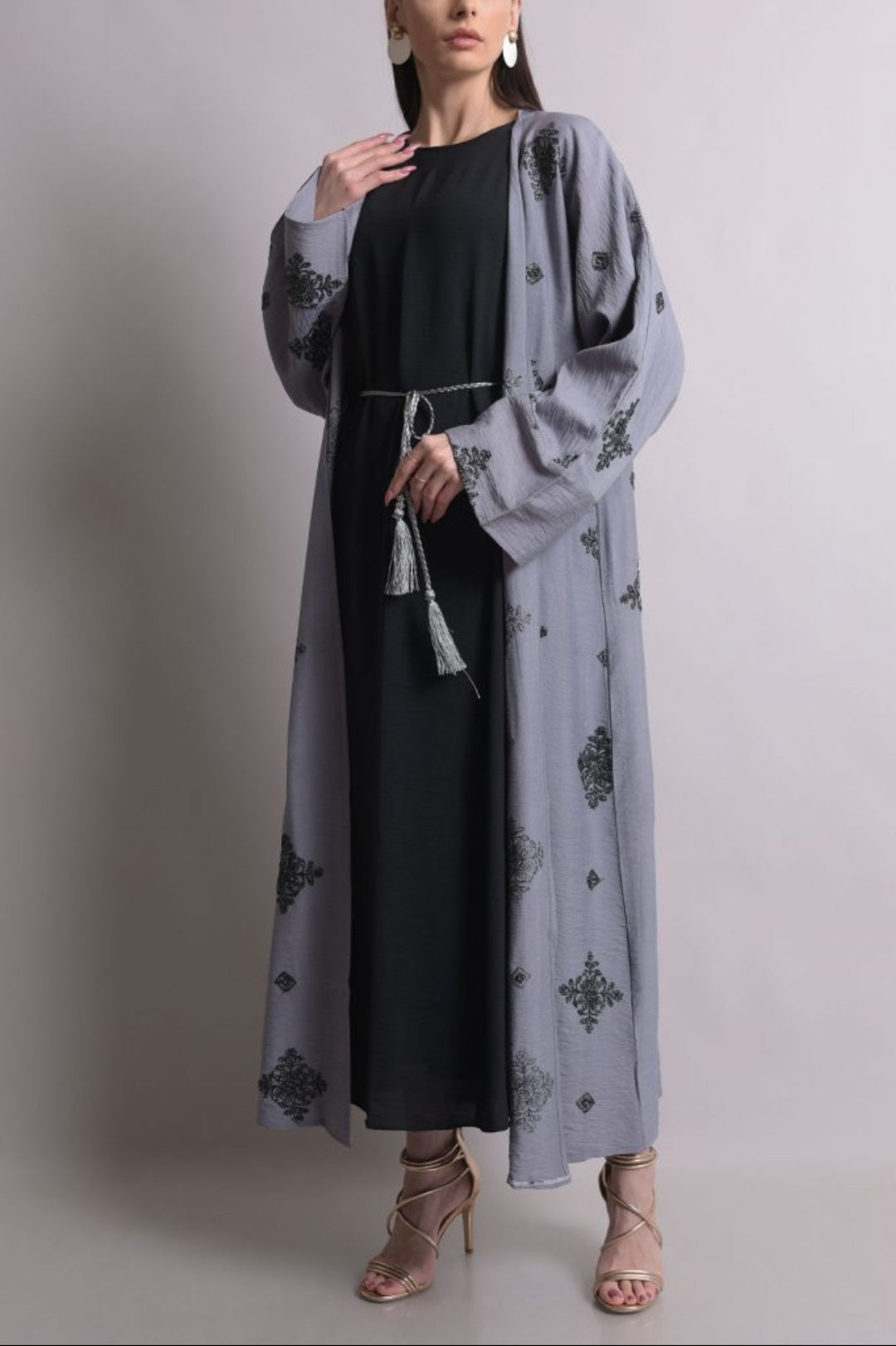 Gray Crepe Cotton Abaya Set