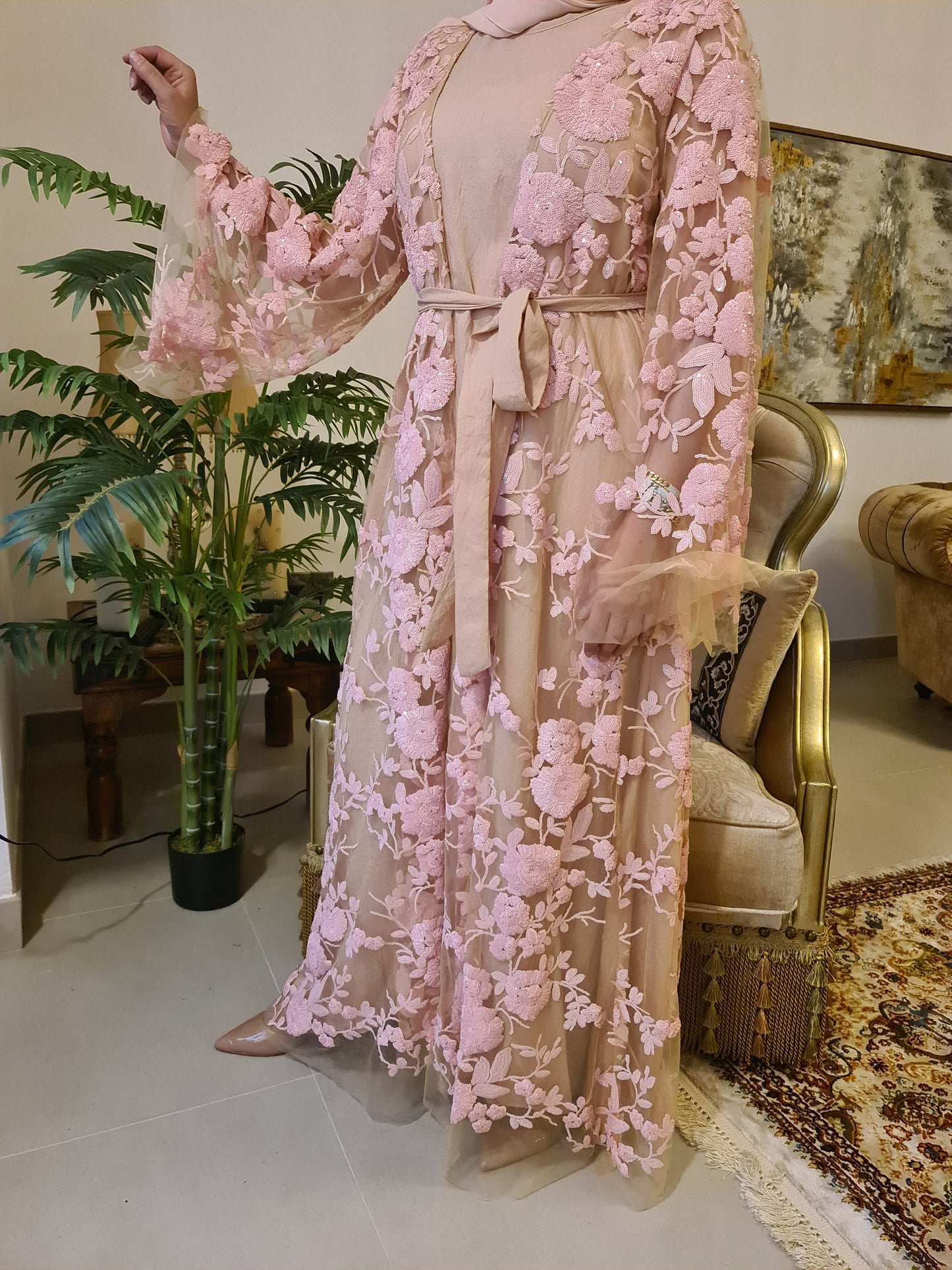 Tulle sequence embroidered kaftan