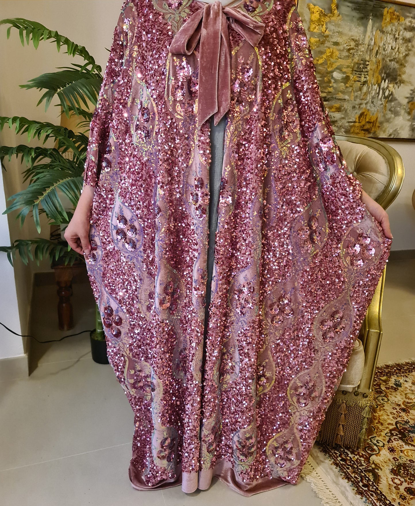 Velvet Sequence Embroidered Bisht – Pink Design